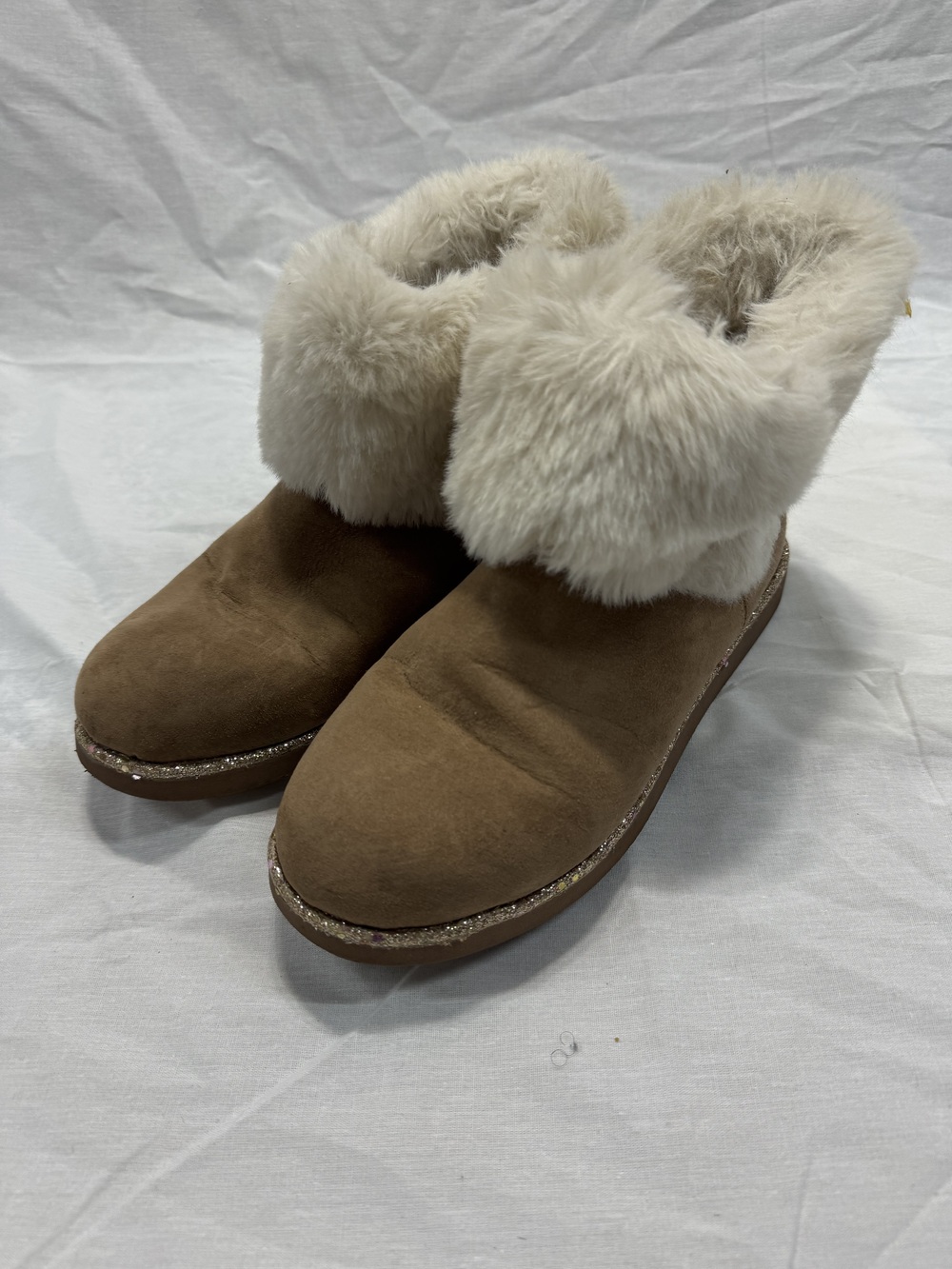 Juicy Couture Kissable Women's Ankle Boots Tan Size 9 Faux Fur Trim Glitter Trim